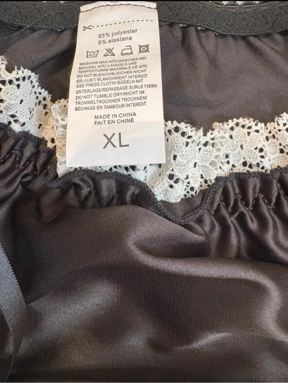 Black Satin Lace Bikini Panties with White Trim | XL